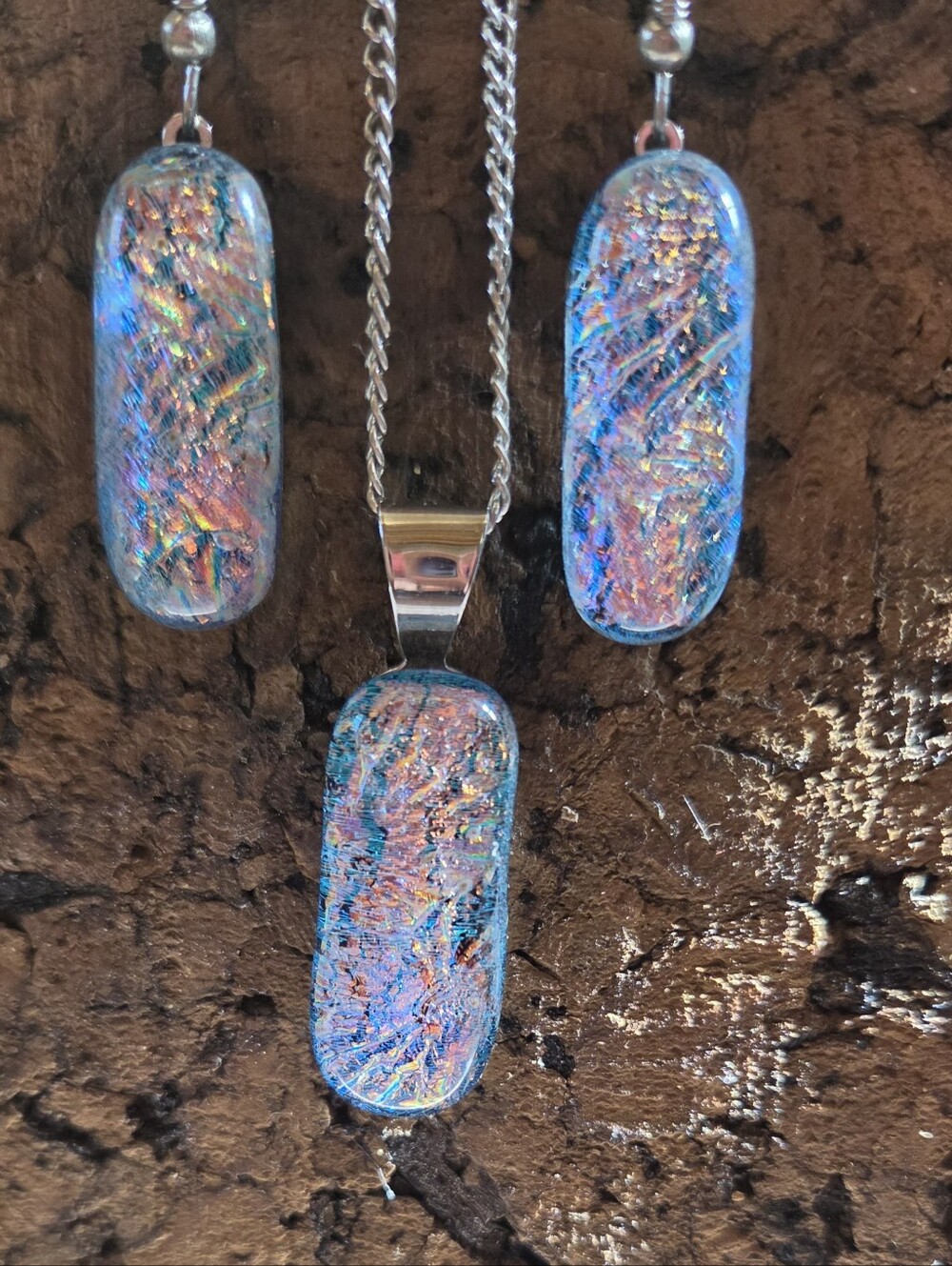 Artisan Dichroic Fused Glass Jewelry Set Iridescent Pendant Necklace Earrings